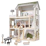 XXL Puppenhaus aus Holz mit LED Beleuchtung | Große Puppenstube mit Möbeln und Zubhör | 3 Etagen...