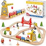 Tiny Land 55Pcs Holzeisenbahn Set, Eisenbahn Holz für Kinder mit Kran, Kombinierbar Zug Spielzeug,...