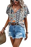 Awemeal Damen Bluse Sommer Rüschen Kurzarm V-Ausschnitt Shirt Boho Drucken Strand Top T-Shirt...