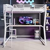 FAYICIC Hochbett, 140x200cm, Mit LED-Leuchten, Computerkonsolenablage, Schreibtisch, Steckdose+USB,...
