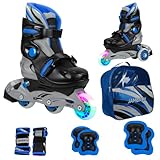 JAMBACH Kinder Inline-Skates mit Schutzset verstellbar zum Rollschuh mit Led (Blau-Schwarz, XS...