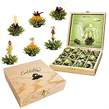 Creano Teeblumen Geschenkset in Teekiste aus Holz, 12 Erblühtee in 6 Sorten grüner Tee fruchtig...