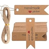 VOSSOT 100 Stück Geschenkanhänger Kraftpapier, Handmade with Love Handmade Etiketten mit...