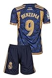 Mefstone Madrid Karim Benzema Kinder Trikot #9 Blau, Kommt mit Shorts Fußballfans (6-7 Jahre,140)