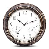 WIYETY 30cm Lautlose Wanduhr Outdoor mit Thermometer & Hygrometer - Innen Draussen Gartenuhr, Retro...
