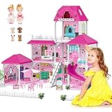 deAO Puppenhaus Traumvilla 3 Etagen Dollhouse mit Möbeln und Zubehör, Spielset mit 2 Puppen,...