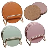 Wuciray 6Er Set Untersetzer Kork+Leder mit Metallhalter Beidseitig Runder Korkboden für Gläser...