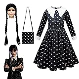 ChicSoleil Wednesday Addams Kleid Mädchen Ballkleid Kostüm mit Perücke und Tasche Addams Family...