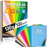 100 Blatt TONPAPIER - Buntes Papier DIN A4-130g/m² Set 20 Farben – Stabil Bastelpapier & Farbige...
