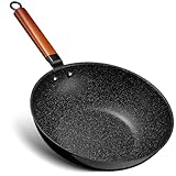 BEZIA Induktions Wok Pfanne mit Antihaftbeschichtung, Wokpfanne 30 cm mit Holzgriff, Flachem Boden,...