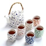 fanquare Blume Porzellan Tee Set mit Teekanne, Vintage Chinesisch Keramik Teeservice mit Rattan...