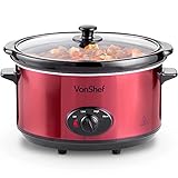 VonShef Schongarer Slow Cooker 6,5L mit Glasdeckel – Metallic Rot…