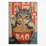 Vintage Japanische Katze Leinwand Wandkunst, Schrulliges schwarzes Katzen essendes Ramen Poster,...