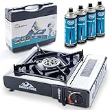 TOM Adventure Edelstahl Camping-Gaskocher mit 4 x Gaskartuschen und Koffer im Set – Piezo-Zündung...