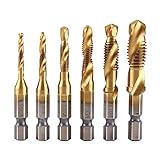 6pcs HSS Bohrer Gewindebohrer Set Metall, 1/4' Sechskantschaft Bohrer Set Metrisches Gewinde...