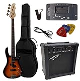 ELEKTROBASS - SET - SUNBURST - E-BASS - GIGBAG-TASCHE - GURT - VERSTÄRKER 45 WATT - STIMMGERÄT -...