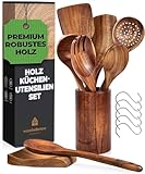 Holz Kochbesteck-Set mit Halter, Pfannenwender Kochlöffel Schöpfkelle Nudelheber Servierlöffel...