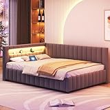 KEYIDE Polsterbett Schlafsofa 140x200 mit LED-Beleuchtung und Aufladen USB, Bettgestell mit...