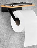 VMbathrooms Toilettenpapierhalter ohne Bohren mit Ablage | Klopapierhalter Schwarz mit Holzplatte |...