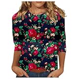 T-Shirts Für Damen 3/4 Ärmel Mit Blume Drucken Sommer T-Shirt Pullover Kurzarmshirt...