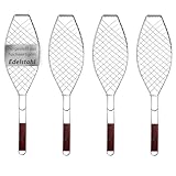 4 x Fisch-Grillhalter Edelstahl groß mit Holzgriff VonBueren | 62,5 x 15,5 cm | Fischgrillgitter |...