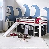 Homestyle4u 1542, Kinderbett Hochbett 90x200 mit Treppe Rutsche Vorhang Pirat Weiß Schwarz...