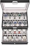 BEWISHOME Uhrenbox 20 uhren, Uhrenkasten Herren, uhrenaufbewahrung 2 Ebenen, Uhrenschatulle Herren...