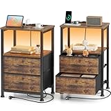 Yornoli Nachttisch 2er Set mit LED & Ladefunktion, Beistelltisch mit Schublade, Nachttische mit 3...