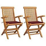 WDGJJFECNMUEHI Outdoor Stuhl Lounge ChairGartenstühle mit Weinroten Kissen 2 STK. Massivholz...