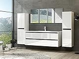 Badmöbel Set Hochglanz mit Schubladen Glas ablage (Dennis Weiss, 120 cm Einzelbecken 2X...