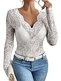 Adigau Damen Sexy Lace Oberteile Tiefer V Ausschnitt Langarm Spitzenbluse Elegant Transparent Shirt...