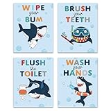 OFJE Lustiges Hai-Badezimmer-Dekor-Set, 4 Stück, niedliche Haie, Kinder-Badezimmer-Poster,...