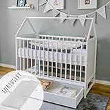 Kids Collective Babybett mit Matratze und Schublade Gitterbett Kinderbett Hausbett 60x120 cm weiß...