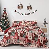 WONGS BEDDING Tagesdecke 220x240 Rot Grün Weihnachts Bettüberwurf Rotes Patchwork Doppelseite...