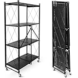 deluxe4home® Klappbares Regal mit Rollen Schwarz I 4 Fächer/Böden Rollbares Faltregal als...