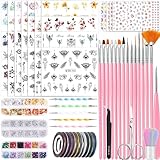 53 Blätter Nagelsticker, Nail Art Pinsel und Dekorationen Set, 15 PCS Pinsel, 5 PCS Dotted Pens,...