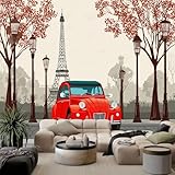 Tapete Fototapete 3d Effekt Cartoon Eiffelturm Rotes Auto, 300 x 210 cm (B x H) Wandbild Wanddeko...