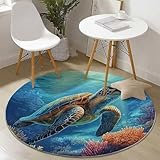 Waschbare Runde Teppiche 90 cm, Schildkröte Meerblick Koralle Muster Rutschfester Runder Läufer...