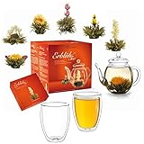Creano Teeblumen Mix - Geschenkset Erblühtee mit Glaskanne & 2x 250ml Thermogläser - Weißer Tee...