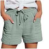 shorts damen sommer leinen musselin bermuda baumwoll sweat paperbag baggy kurze elegant cargo chino...