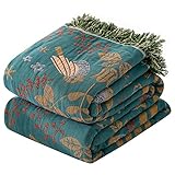 HOORDRY Doppelseitig Boho tagesdecke Blau/Beige,Kuscheldecke mit Fransen,bettüberwurf Baumwolle...