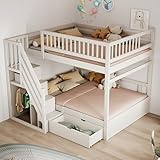 Kinderbett 140x200 cm, Etagenbett mit Treppe und Regale, Funktionsbett mit Kleiderstange, Stockbett...