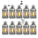 Romadedi 10er Set Mini Laterne Deko Silber - Tischdeko kleine Laterne zum Aufhängen, mit LED Kerzen...