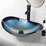 ARTETHYS Waschbecken Glas Aufsatzwaschbecken mit Wasserhahn Ablaufgarnitur, Oval Waschschale...
