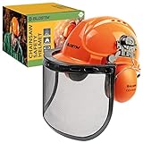 BLOSTM Kettensägen-Schutzhelm - 3-in-1 Orange Freischneider Helm mit Stahlnetz-Visier und...