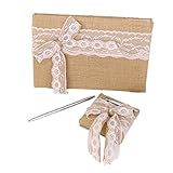 Vintage Hochzeit Sackleinen Spitze Schleife Gästebuch Stift Set