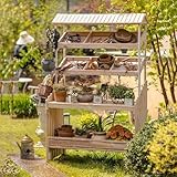 Pflanztisch mit Rollen, Holz-Garten-Arbeitsplatz mit 2 Ebenen, Regal und Aufbewahrungsregal