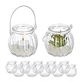 Relaxdays Windlicht Glas, 12er Set, Teelichthalter mit silbernem Henkel, HxD: 7,5 x 8 cm,...