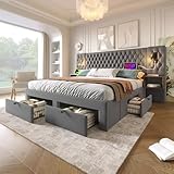 RIAZOS Doppelbett Bettanlage 180 x 200 cm mit 2X Nachtkommoden & 4 Schubladen, Kopfteil mit LED &...