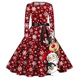 Kleid Weihnachten Damen, Weihnachts Halloween Kleid, Langarm Mit Schneeflocke Weinglas Bedruckt...